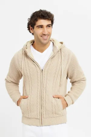 Men Beige Knitted Zipper Hooded Jacket