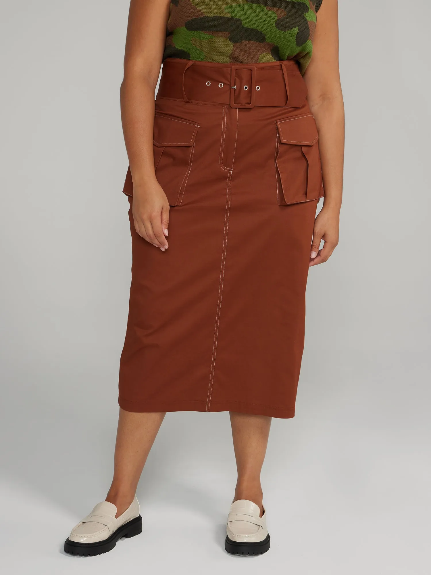 Belted Cargo Midi Skirt