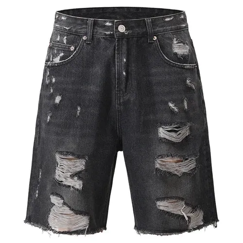 Black Raw Edge Ripped Denim Shorts Vintage Wash Jorts Men's Split Stitching