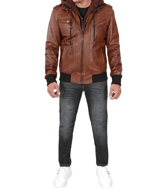 Bomber Brown Leather Jacket With Hood