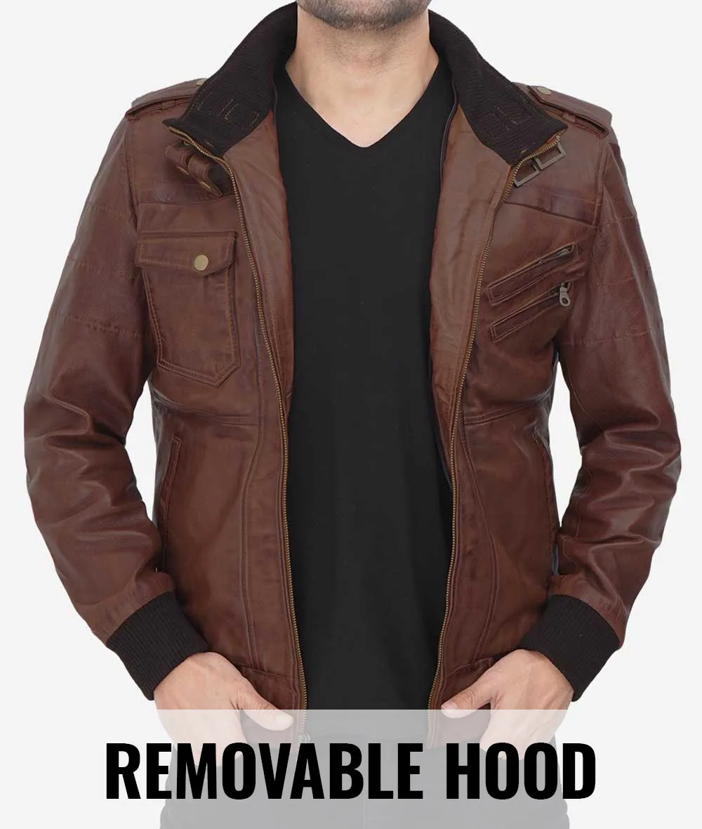 Bomber Brown Leather Jacket With Hood