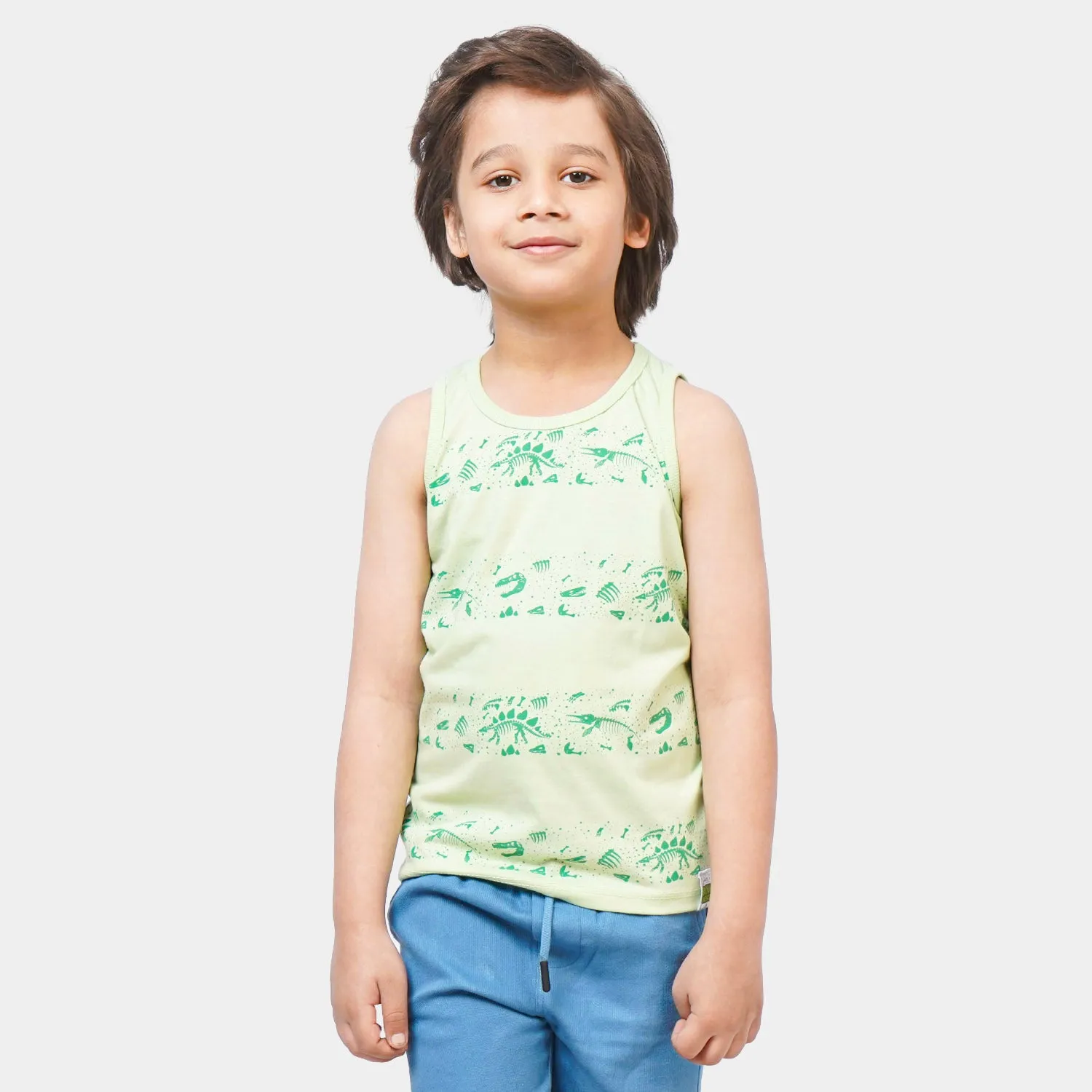 Boys Cotton Sando Dino Stripe - Sea Green