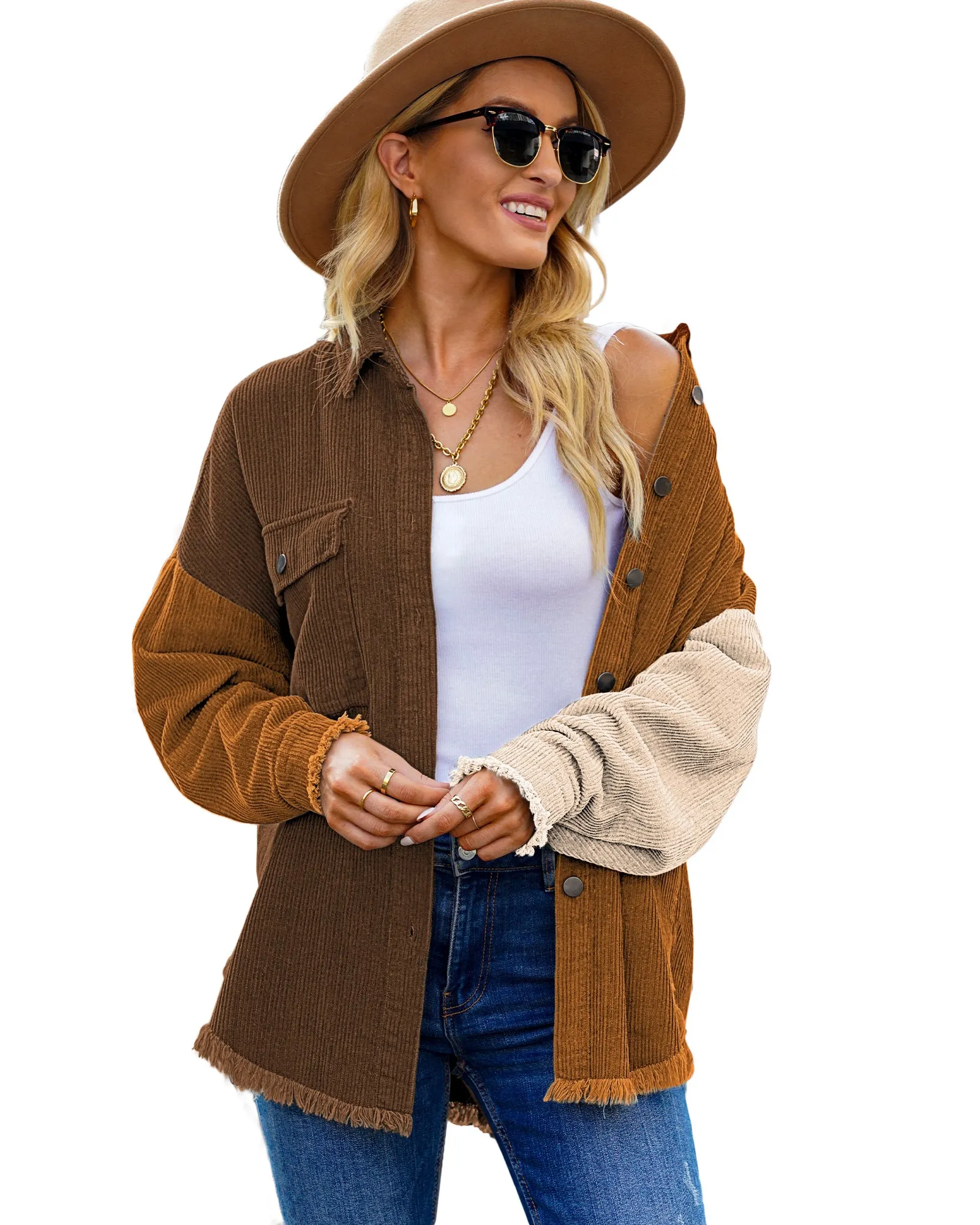 Coffee Drop Shoulders Contrast Corduroy Button-Down Jacket