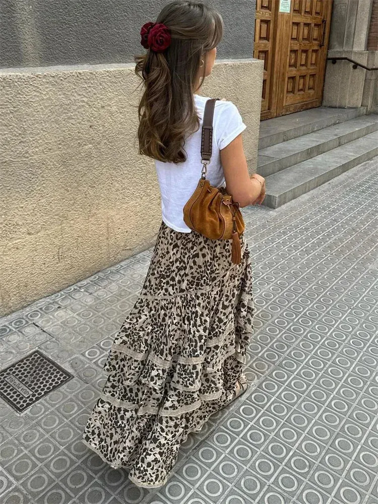 Fashion High Leopard Printed Patchwork New Loose Ruffled Summer Waist Skirt