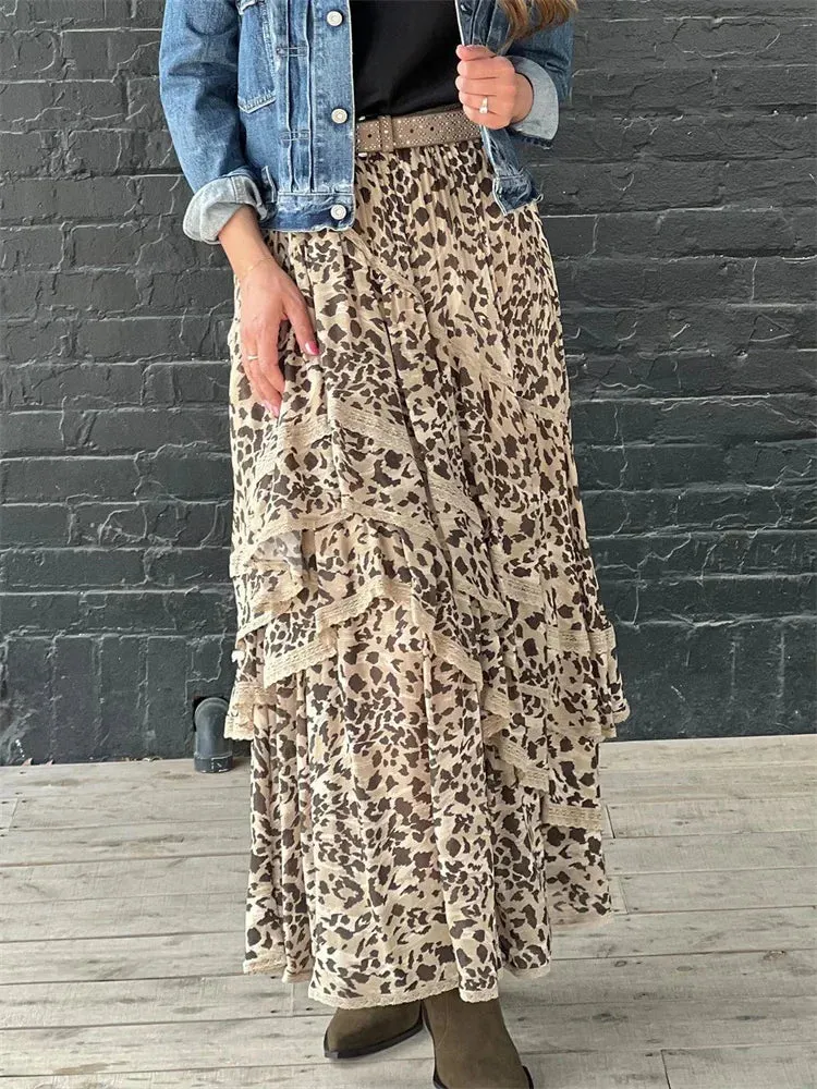 Fashion High Leopard Printed Patchwork New Loose Ruffled Summer Waist Skirt