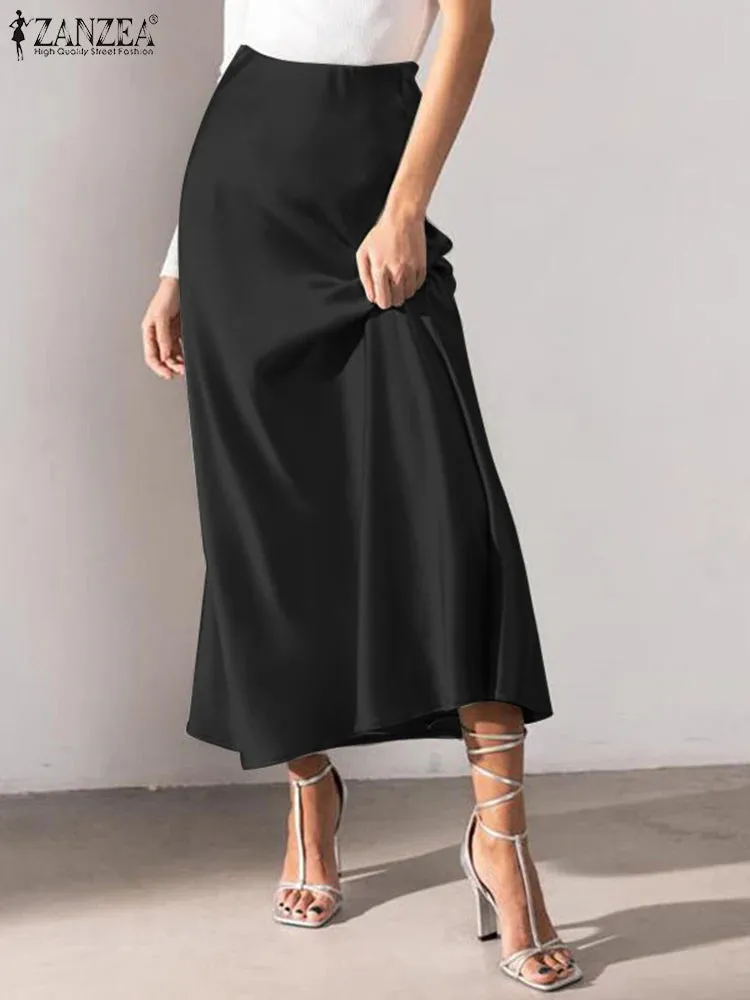 Fashion Solid Color Skirt Female Elastic Waist Ankle Length Skirts Summer Elegant Party Sundress Work OL Robe Oversized