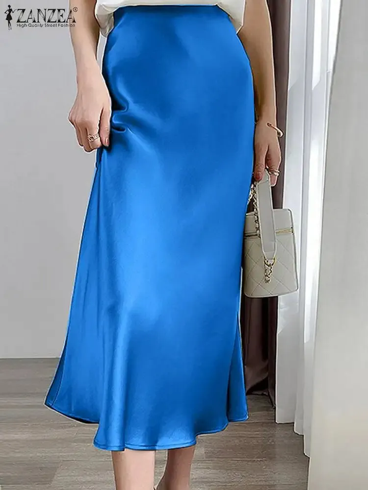 Fashion Solid Color Skirt Female Elastic Waist Ankle Length Skirts Summer Elegant Party Sundress Work OL Robe Oversized