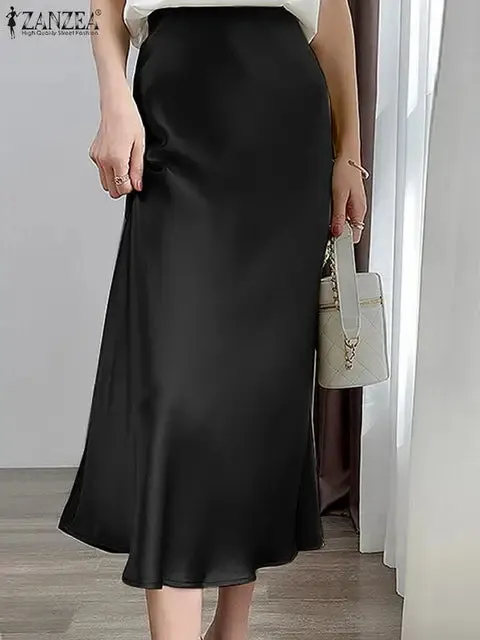 Fashion Solid Color Skirt Female Elastic Waist Ankle Length Skirts Summer Elegant Party Sundress Work OL Robe Oversized