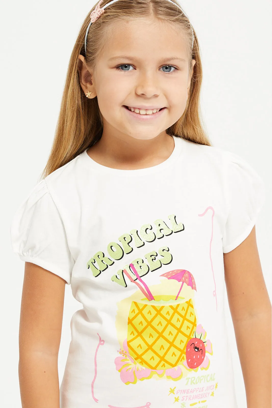 Girls White Tropical Vibes Print T-Shirt