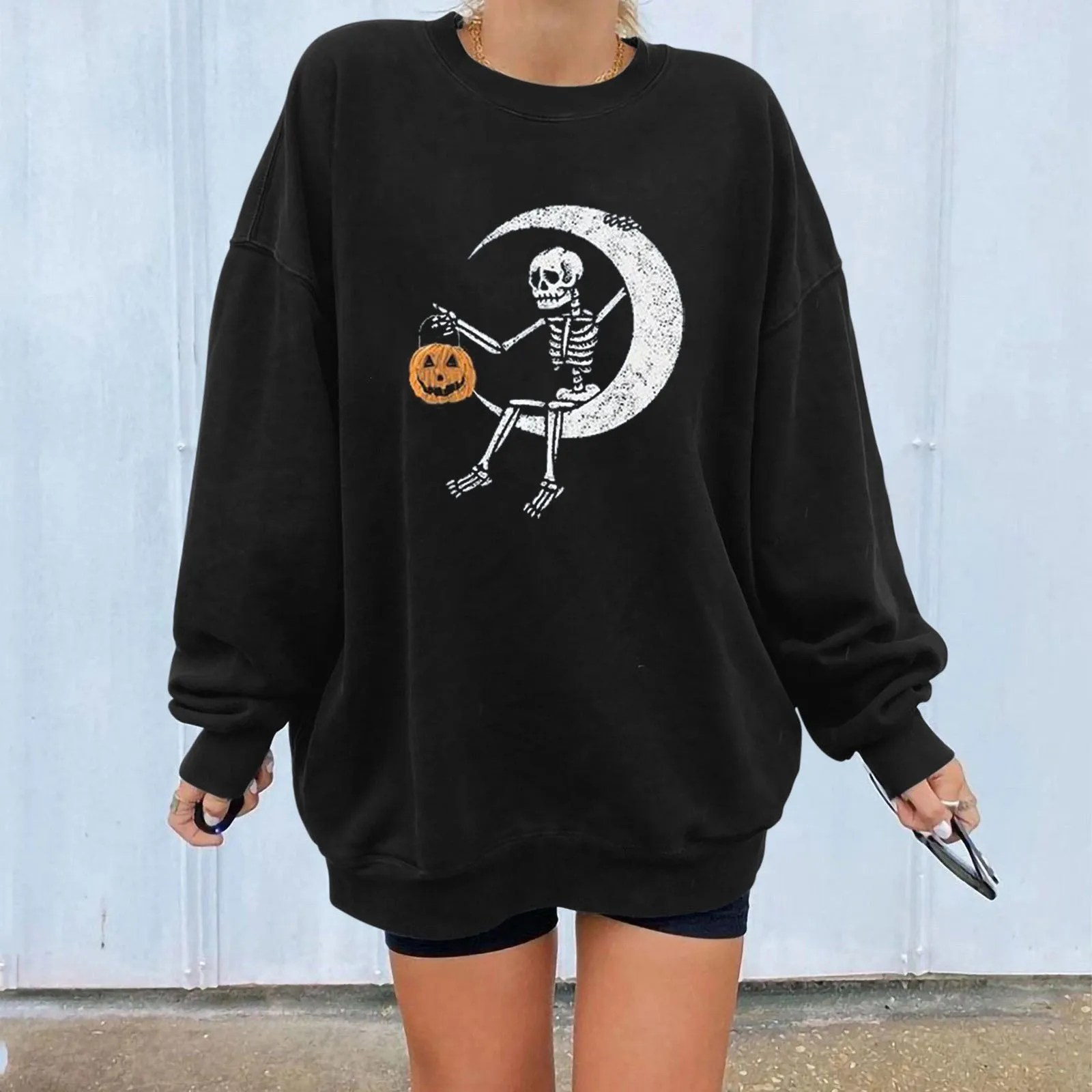 Halloween long-sleeved women plus velvet pumpkin long-sleeved skull sweater