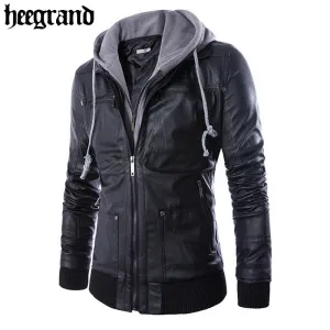 HEE GRAND Solid Hooded PU Leather High Quality Slimfit Jackets