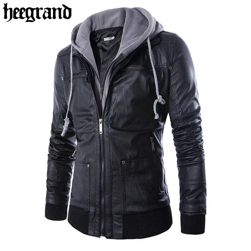 HEE GRAND Solid Hooded PU Leather High Quality Slimfit Jackets