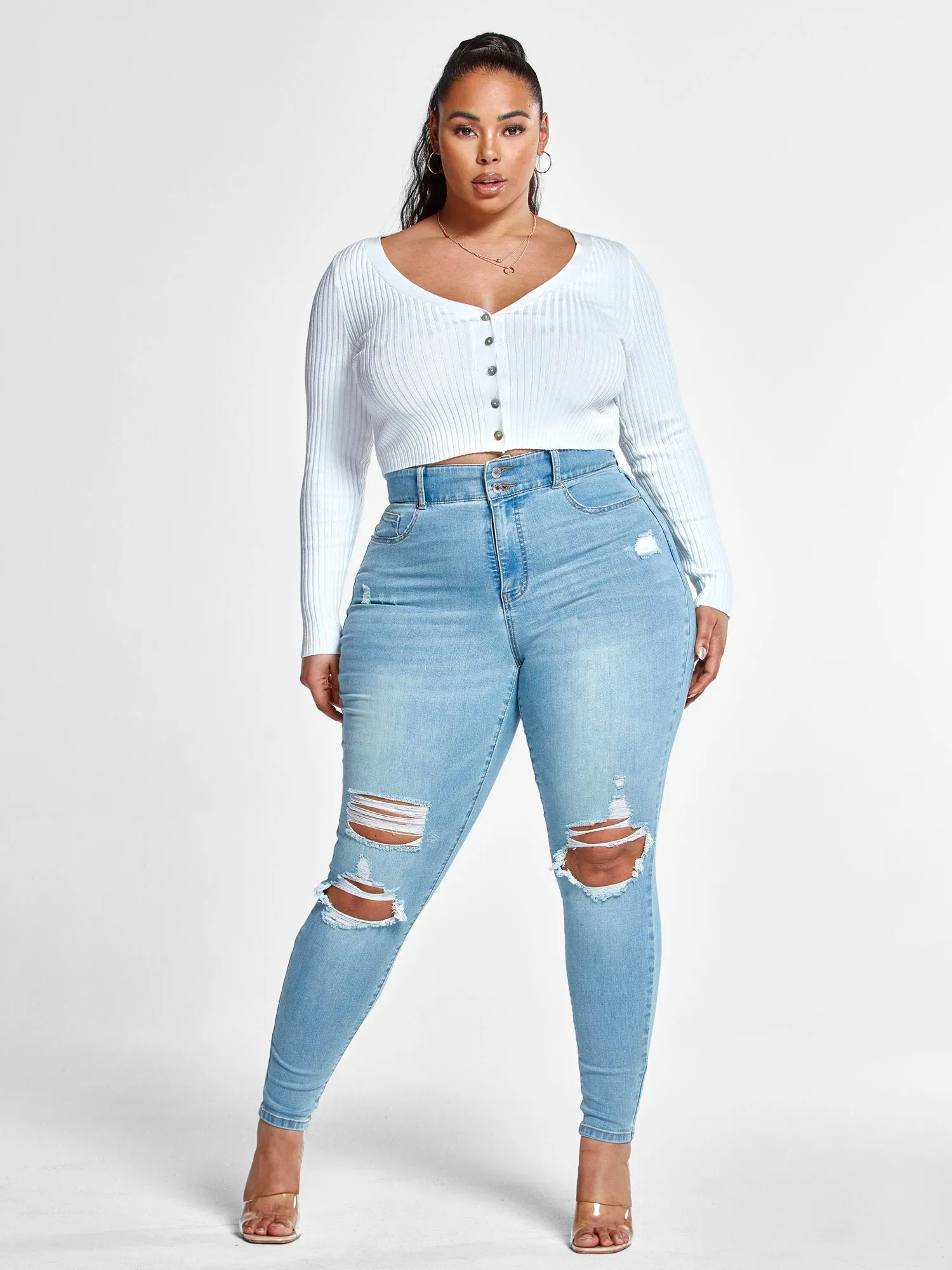 High Rise Curvy Fit Skinny Jeans with Blowout Knees - Tall Inseam