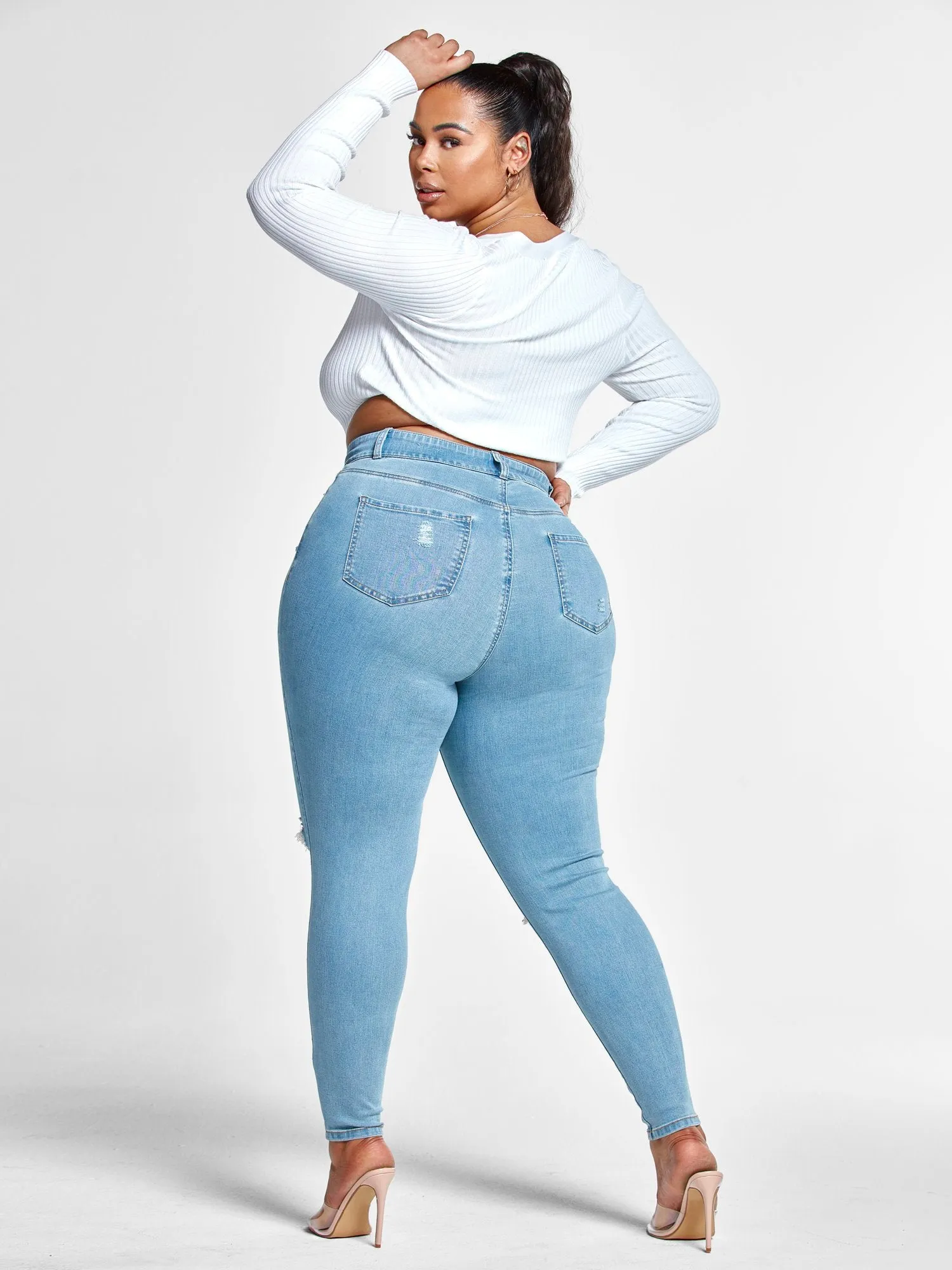 High Rise Curvy Fit Skinny Jeans with Blowout Knees - Tall Inseam