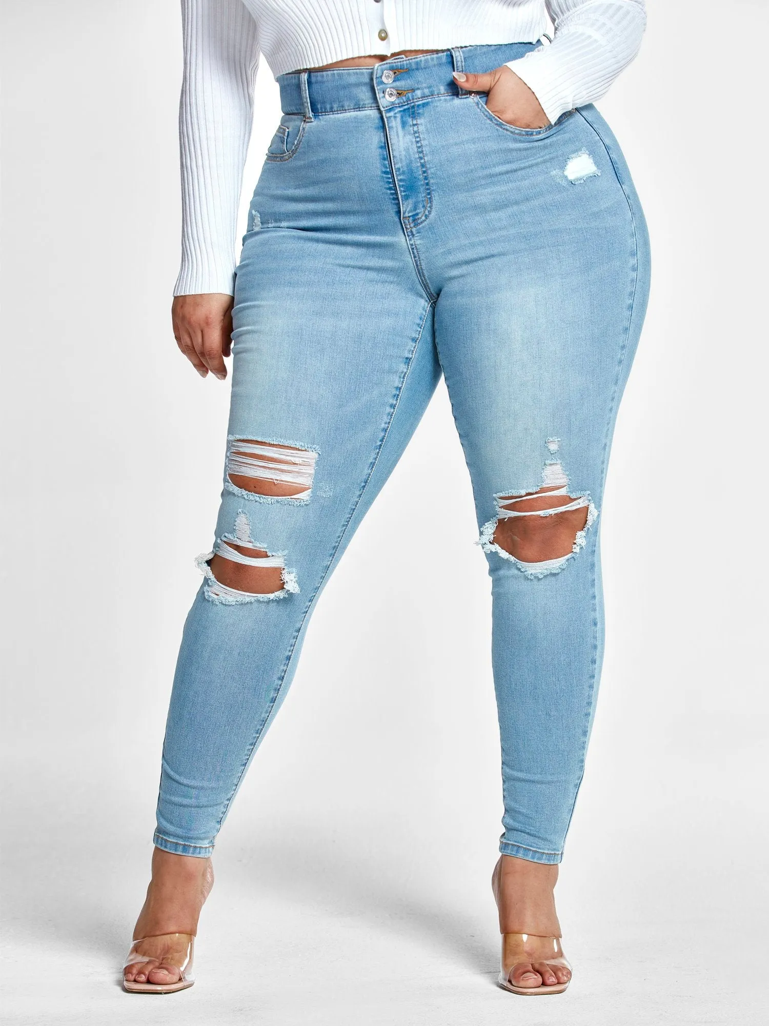 High Rise Curvy Fit Skinny Jeans with Blowout Knees - Tall Inseam