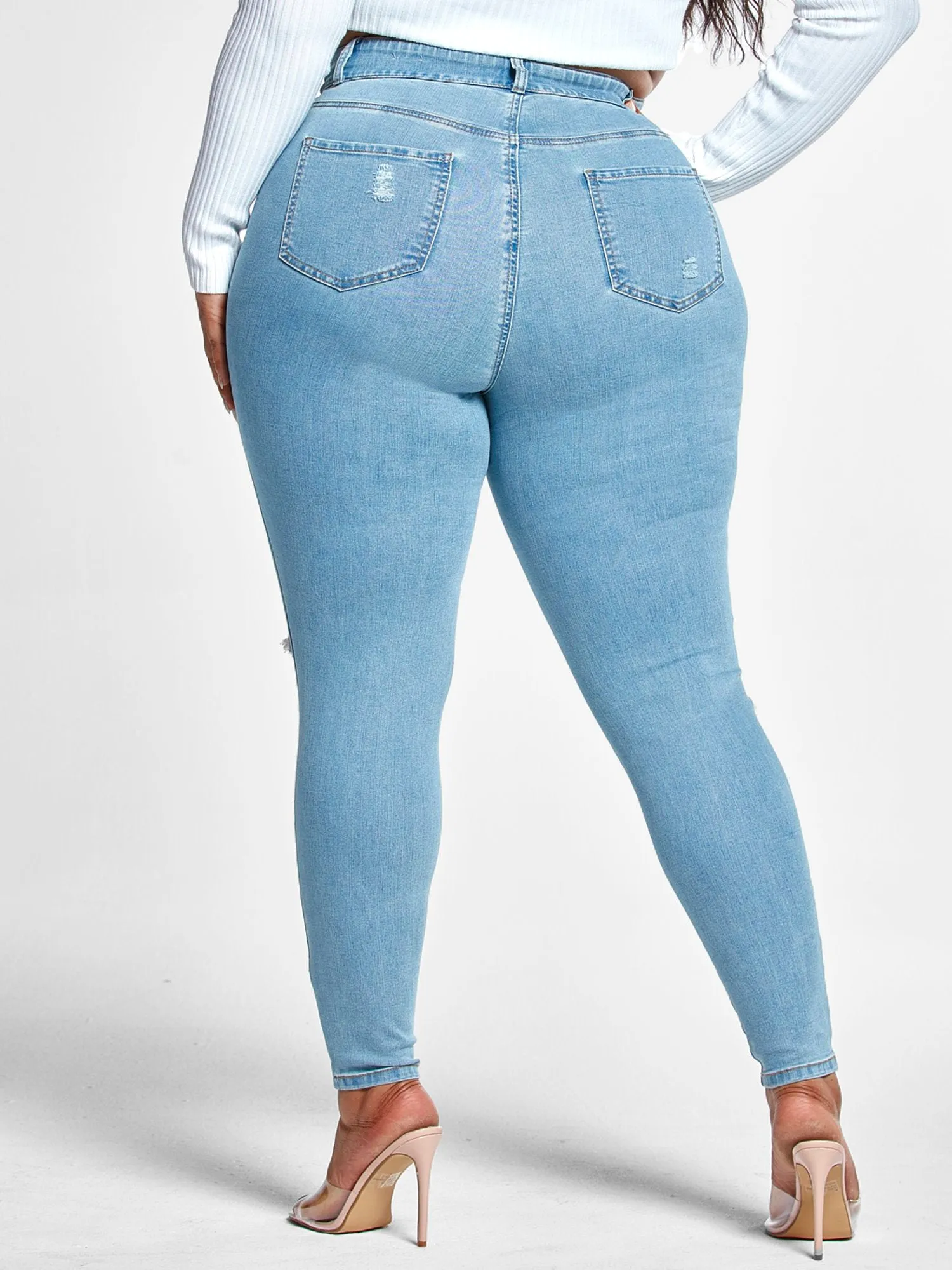 High Rise Curvy Fit Skinny Jeans with Blowout Knees - Tall Inseam