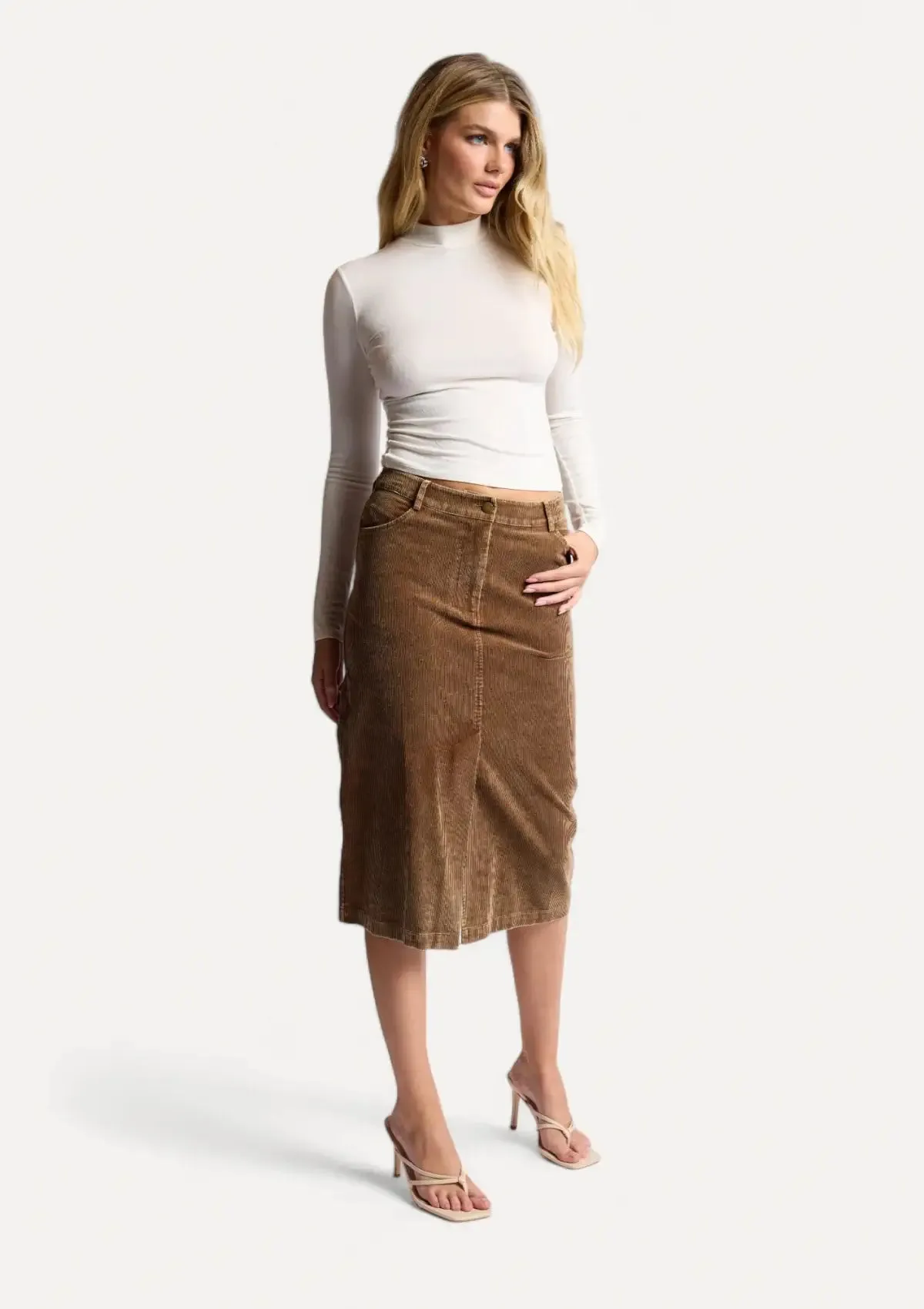 Kahlo Washed Cord Midi Skirt - Brown