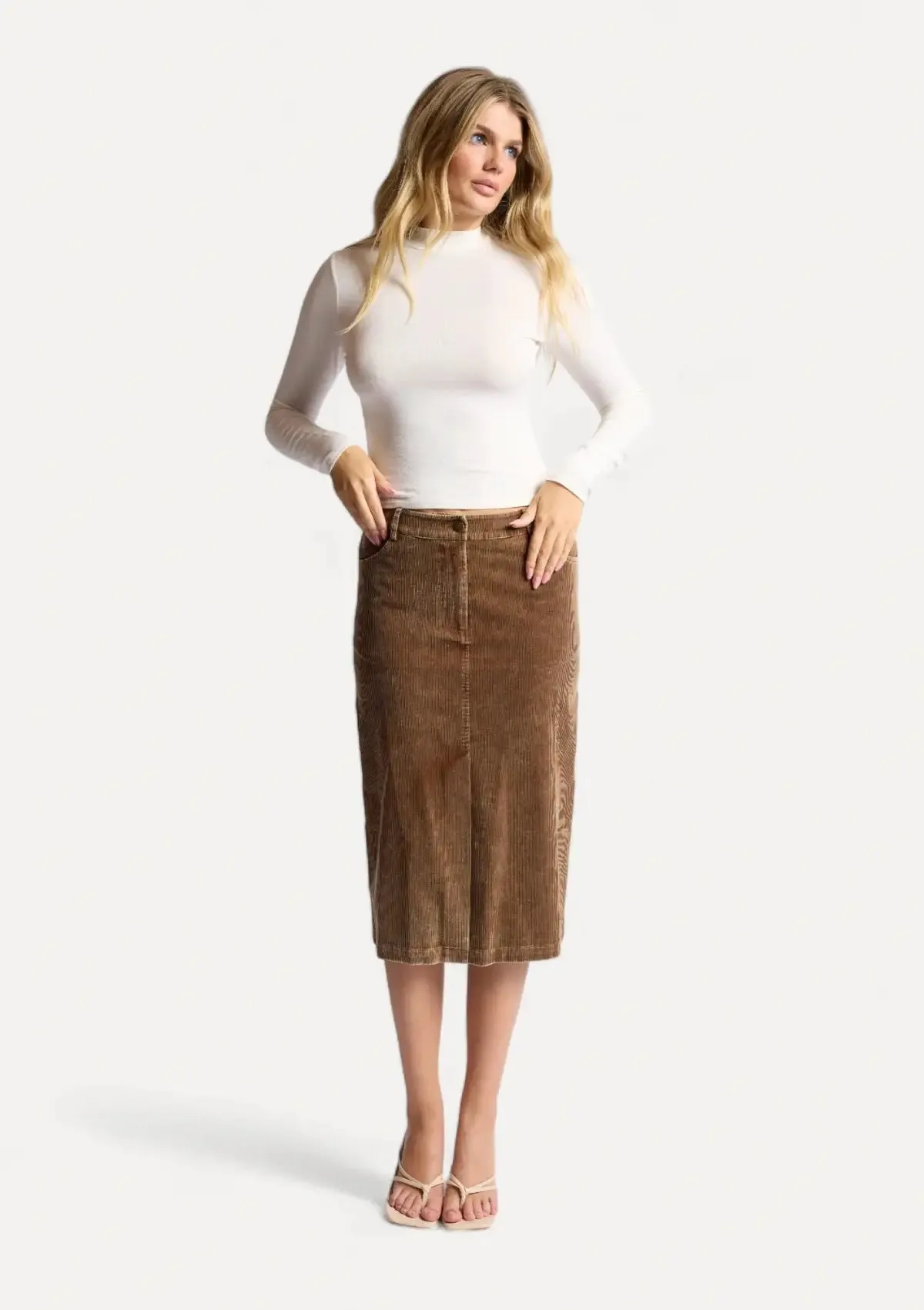 Kahlo Washed Cord Midi Skirt - Brown