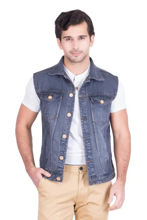 Krossstitch Sleeveless Black Grey Men's Denim Jacket with Brass Button