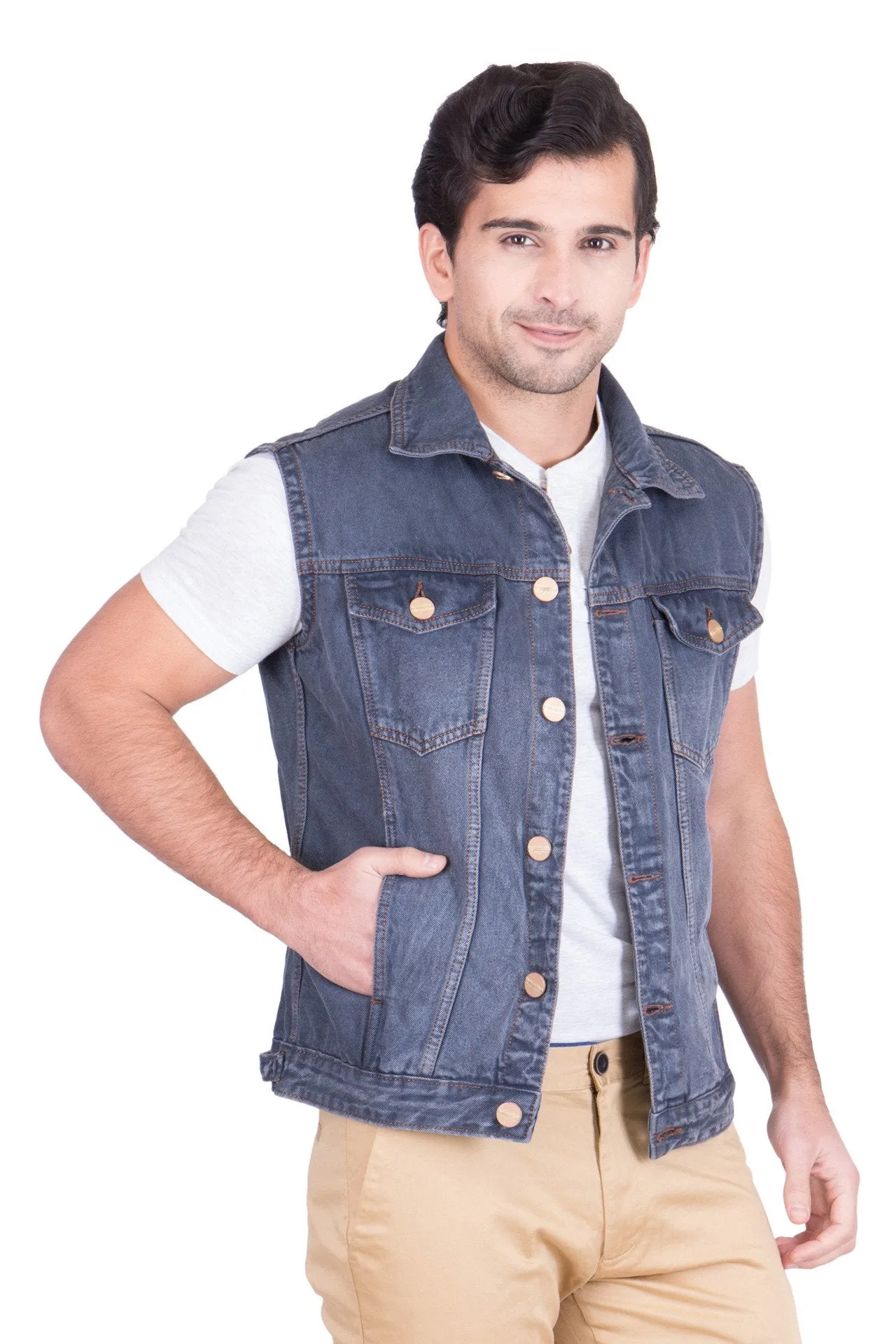 Krossstitch Sleeveless Black Grey Men's Denim Jacket with Brass Button