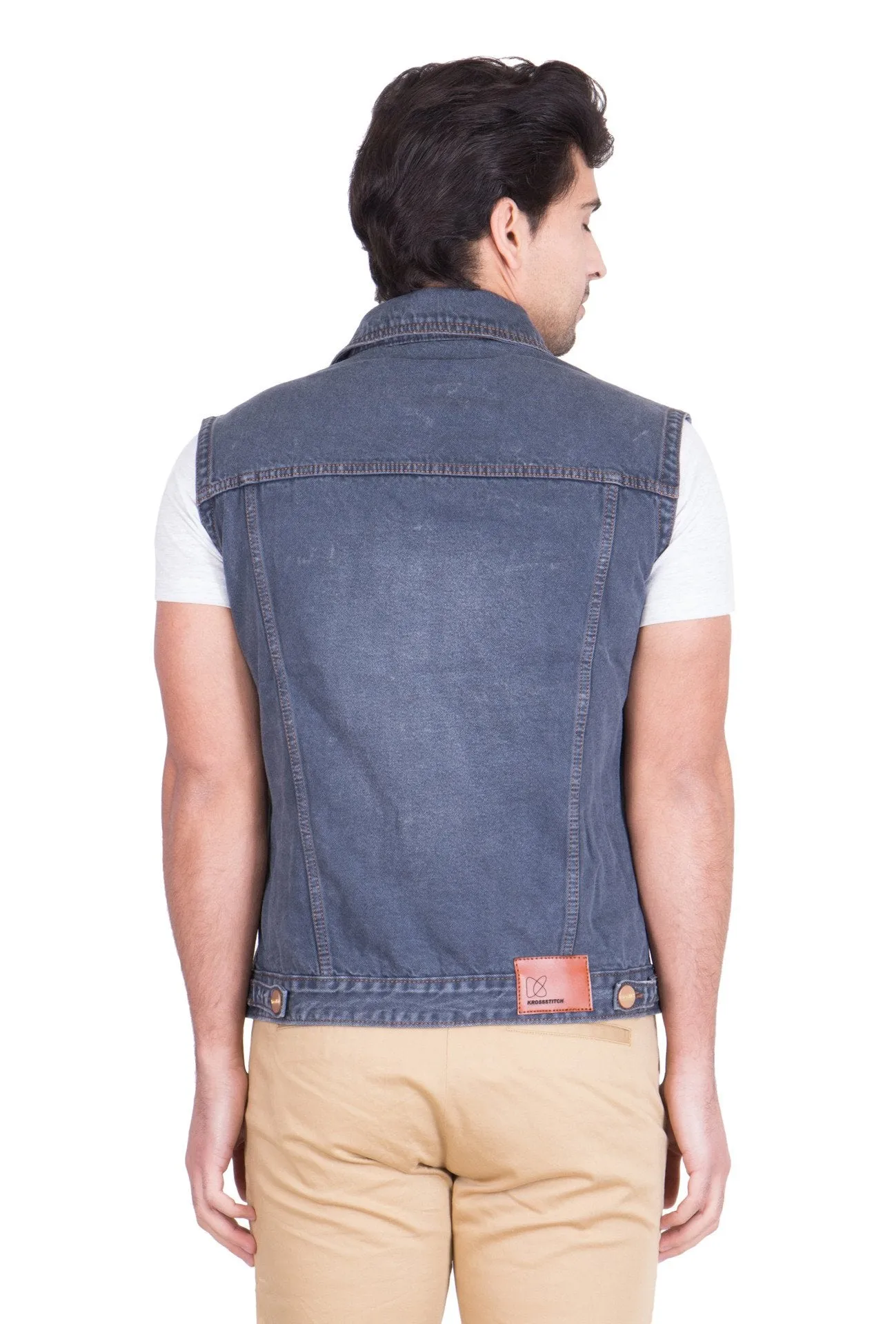 Krossstitch Sleeveless Black Grey Men's Denim Jacket with Brass Button