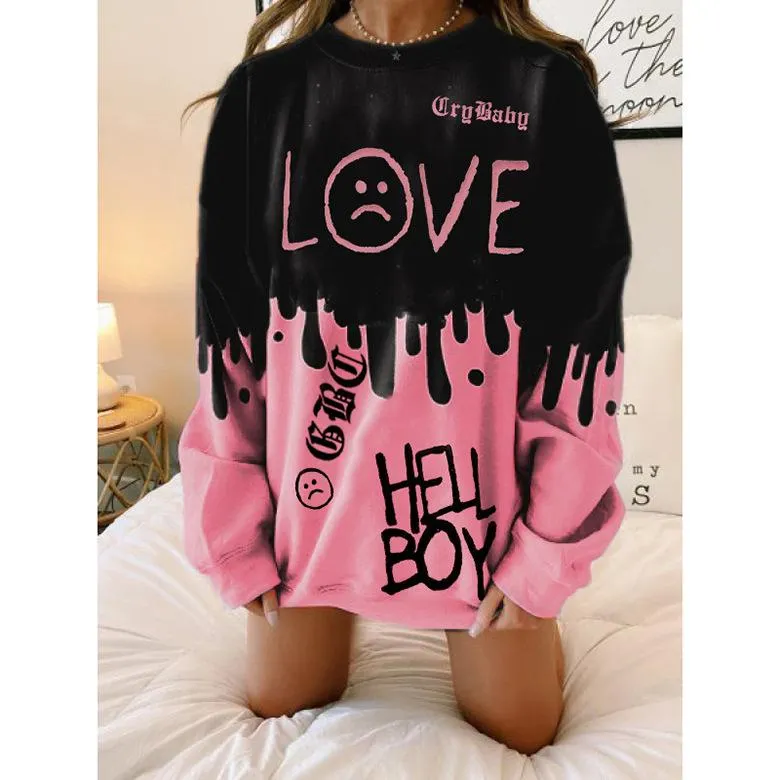 Large size long-sleeved women's round neck tie-dye printed blouse hot-selling graffiti loose jacket