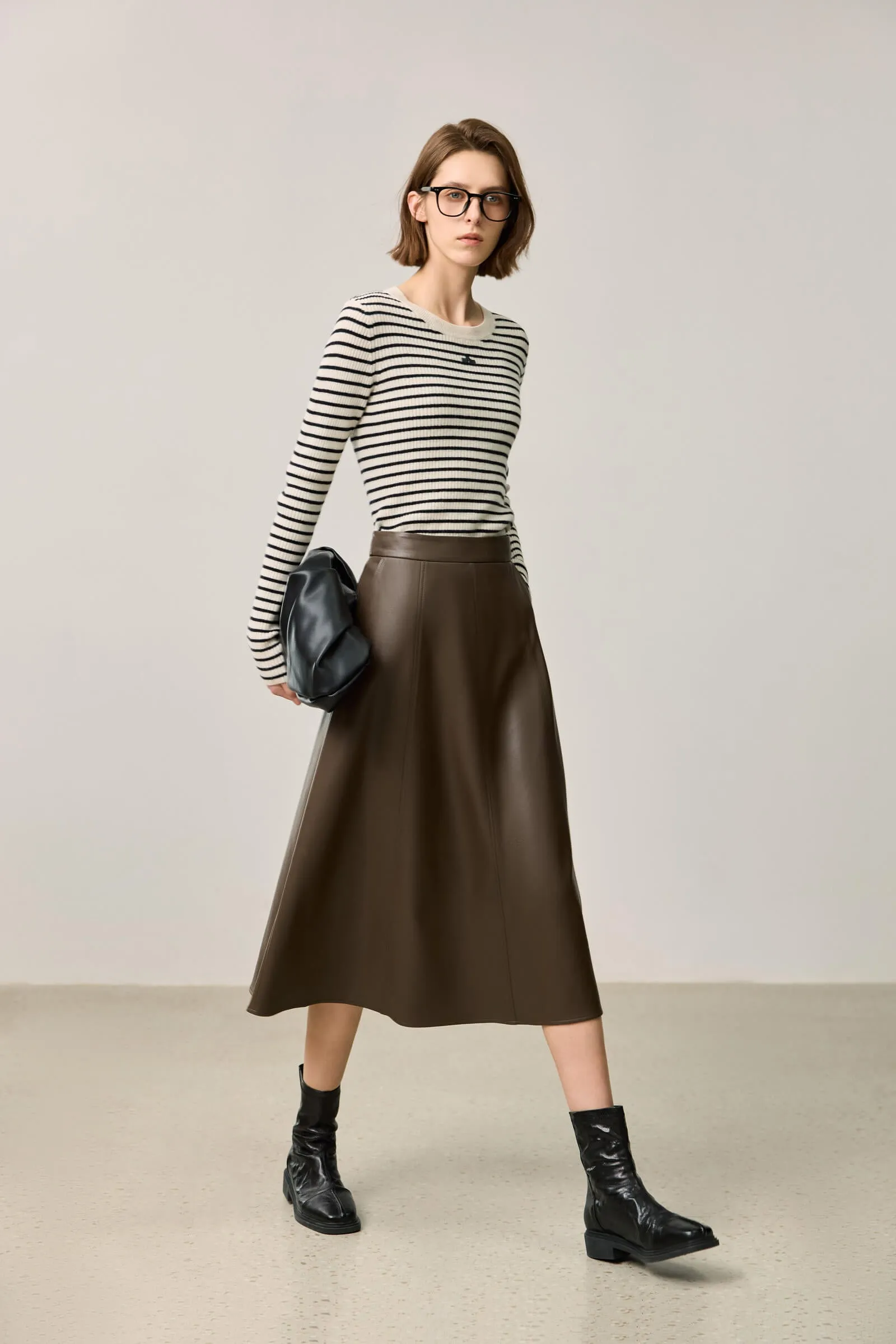 LILY Vintage Minimalist Draped Leather Skirt