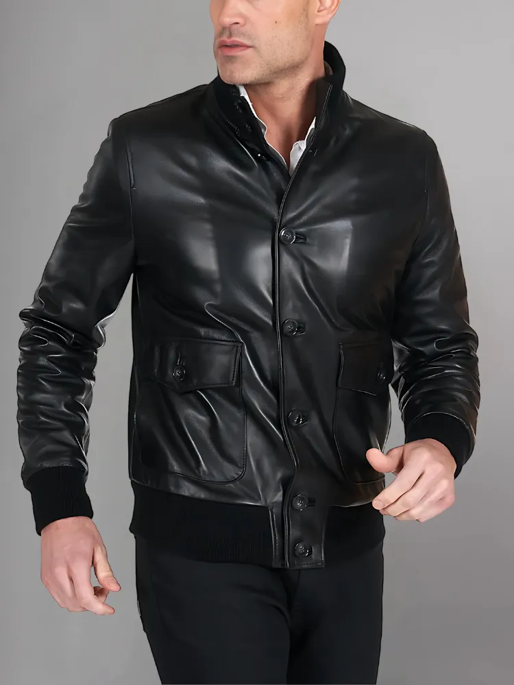 Men’s Black Real Leather Bomber Jacket