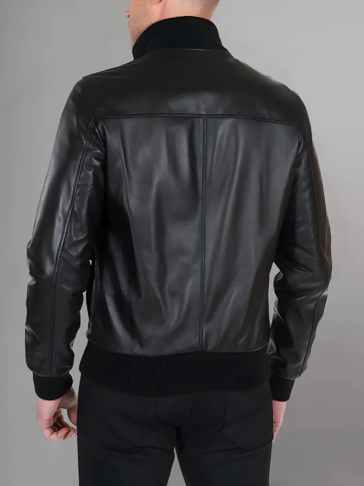 Men’s Black Real Leather Bomber Jacket