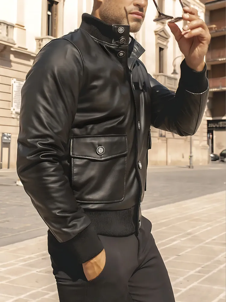 Men’s Black Real Leather Bomber Jacket