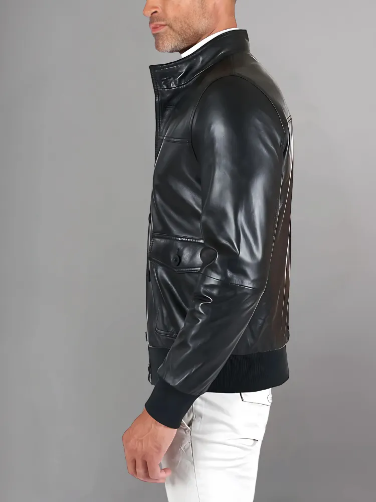 Men’s Black Real Leather Bomber Jacket