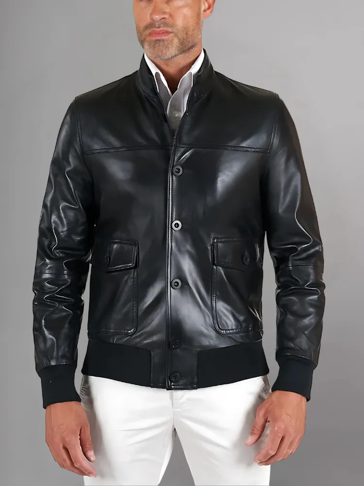 Men’s Black Real Leather Bomber Jacket