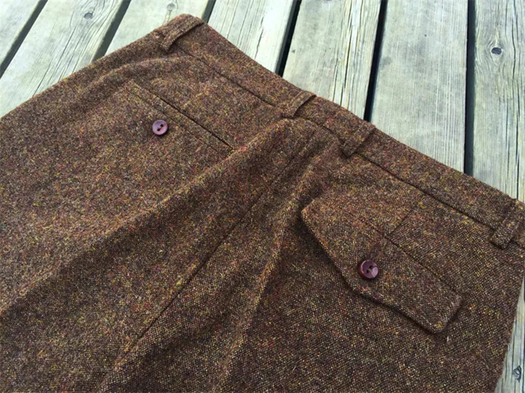 Men's Brown Tweed Straight High Waist Pants - Classic Designer Amekaji Trousers