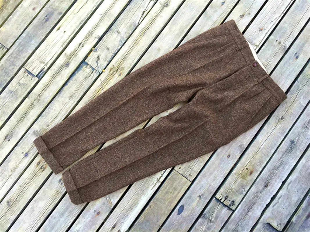 Men's Brown Tweed Straight High Waist Pants - Classic Designer Amekaji Trousers