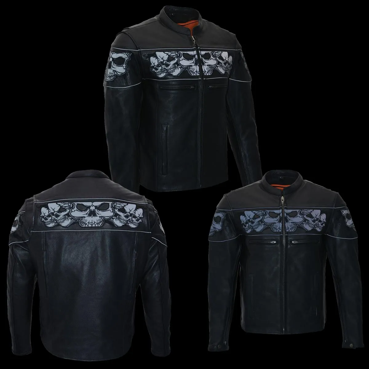 Milwaukee Leather MLM1501 Men's Black 'Cool-Tec' Leather Crossover Scooter Jacket with Reflective Skulls