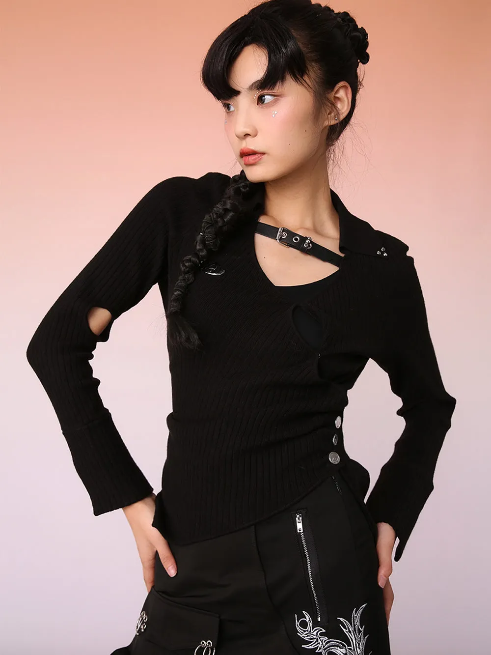 MUKZIN Black Trendy Hollow Knit Sweater