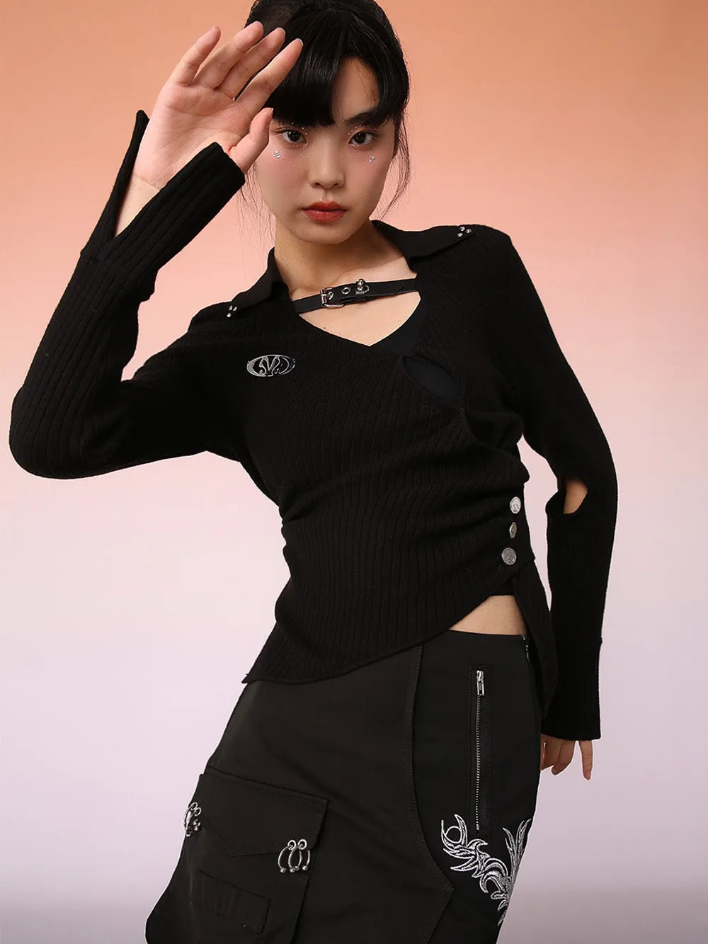 MUKZIN Black Trendy Hollow Knit Sweater