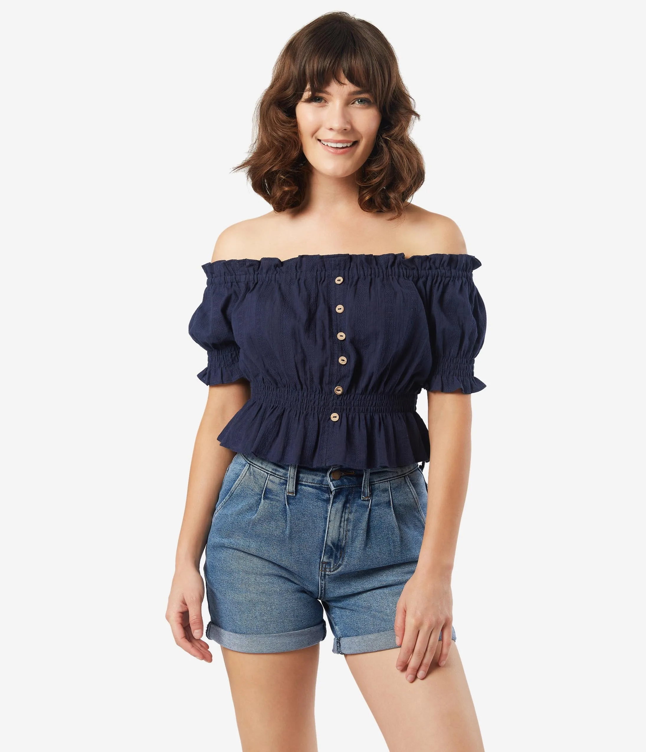 Navy Blue Off Shoulder Ruffle Crop Top