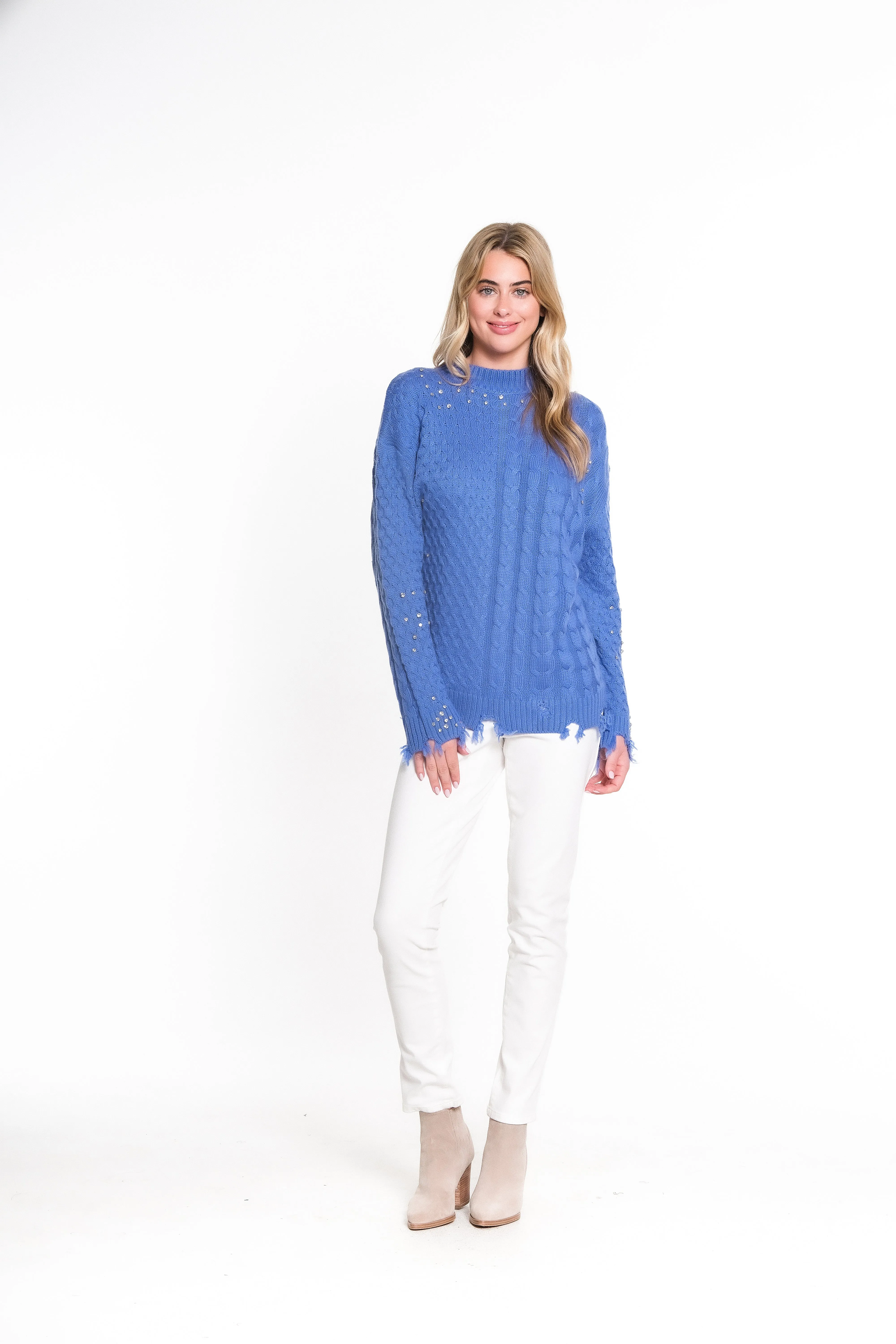 Rhinestone Mock Neck Sweater - Light Blue