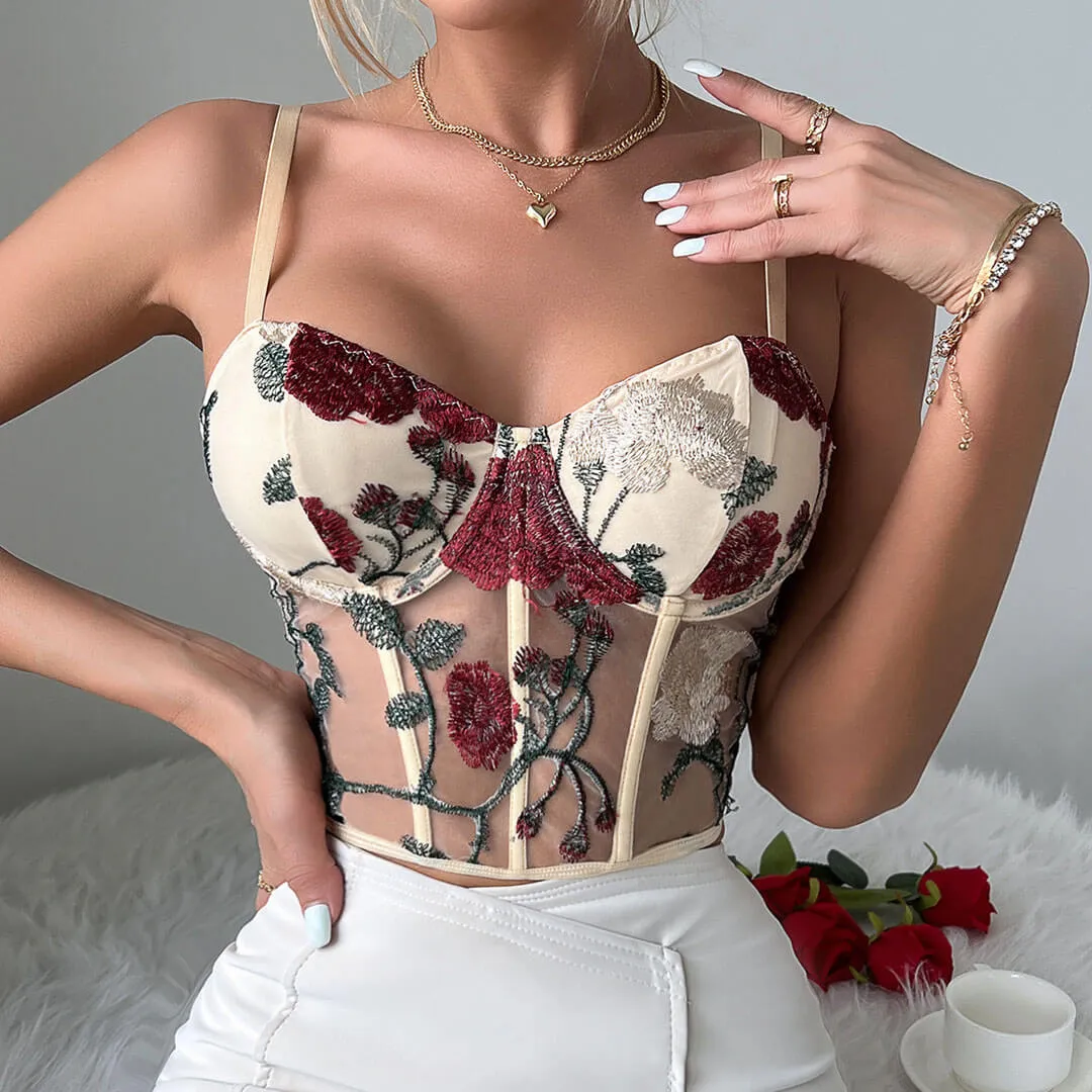 Romantic Floral Embroidered Sheer Mesh Cropped Corset Top - Apricot