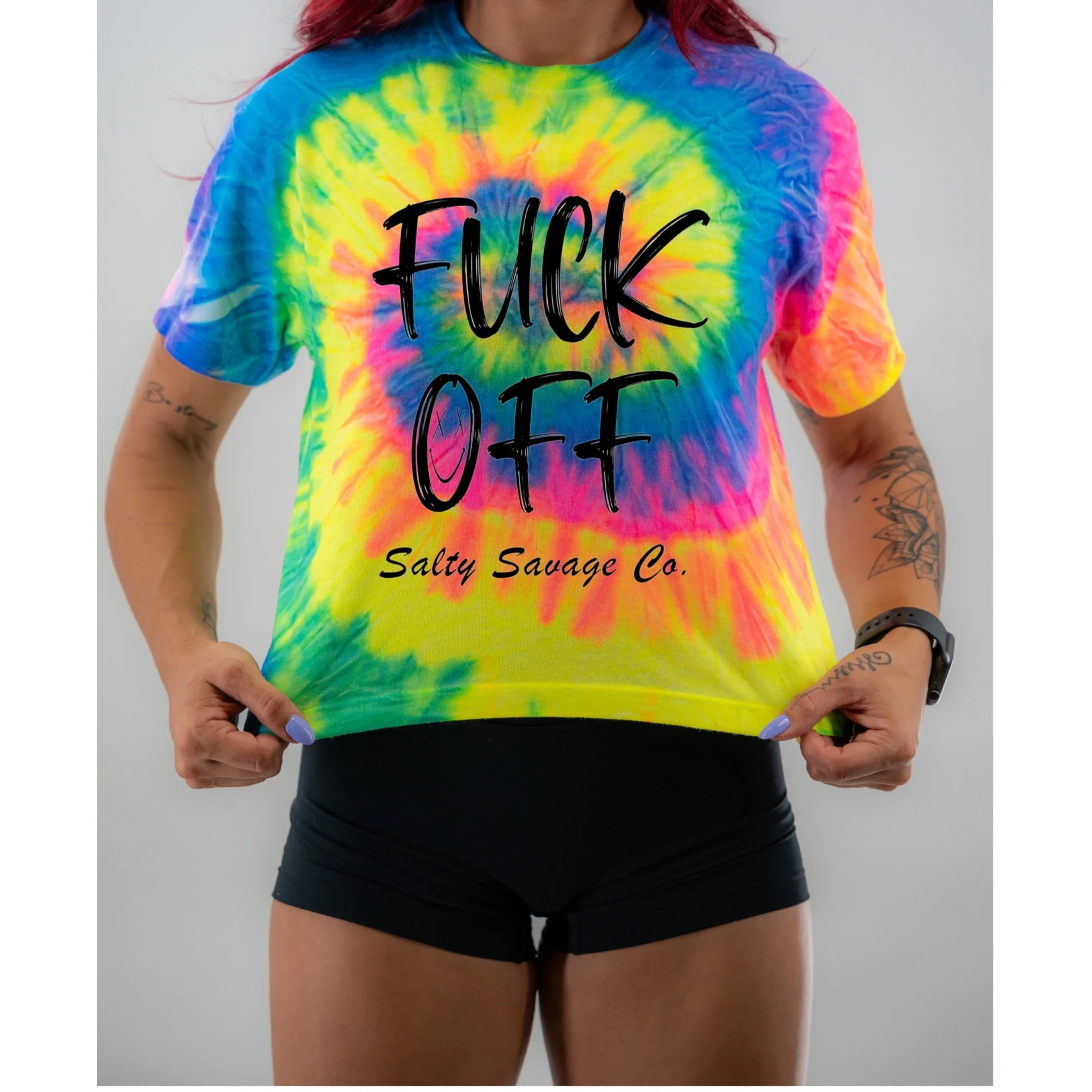 Salty Savage Ladies "FUCK OFF" Spiral Tie Dye Crop Tee