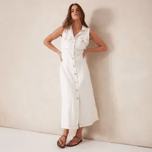 Sleeveless Panelled Midi Shirt Dress - Fresh Ecru Twill