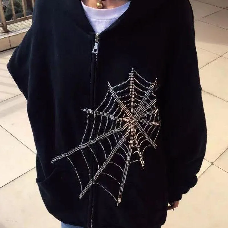 Spider web pierced hot retro casual long-sleeved zipper hoodie