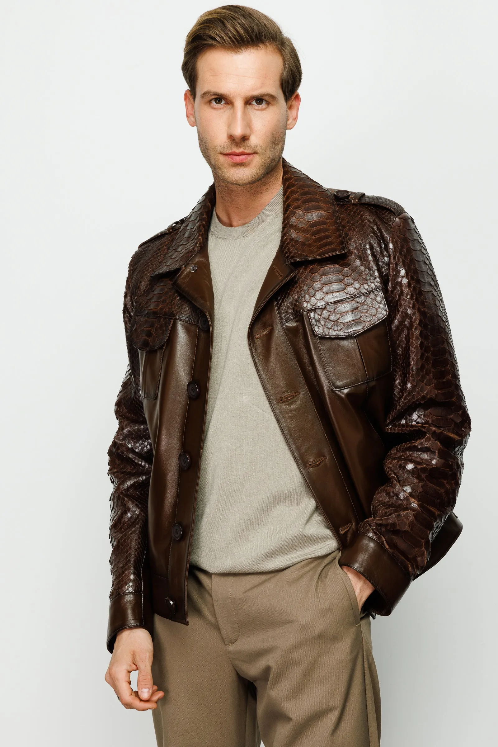 The Manteca Pythn Skin Brown Leather Men Jacket