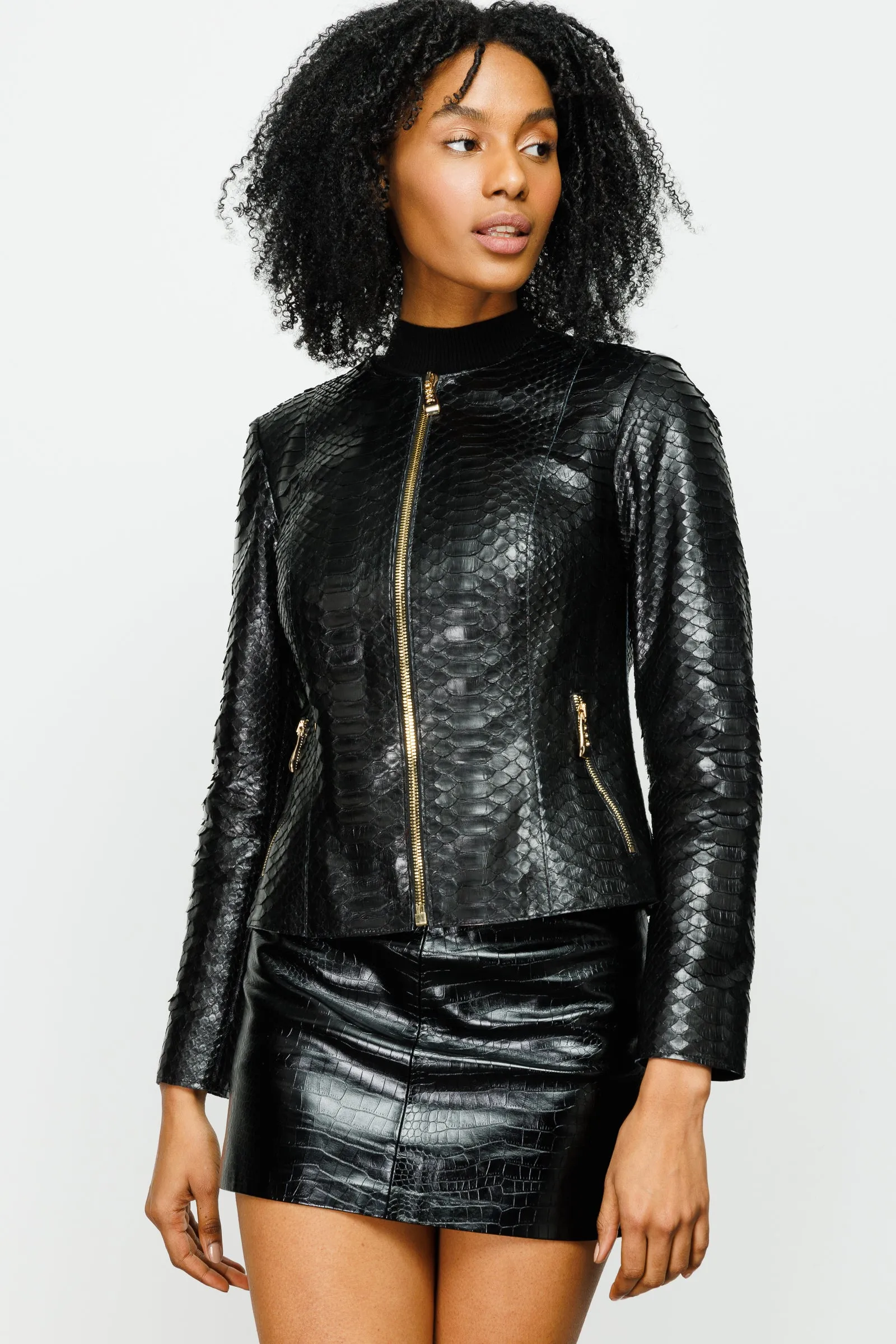 The Mekke Pythn Skin Black Leather Women Jacket