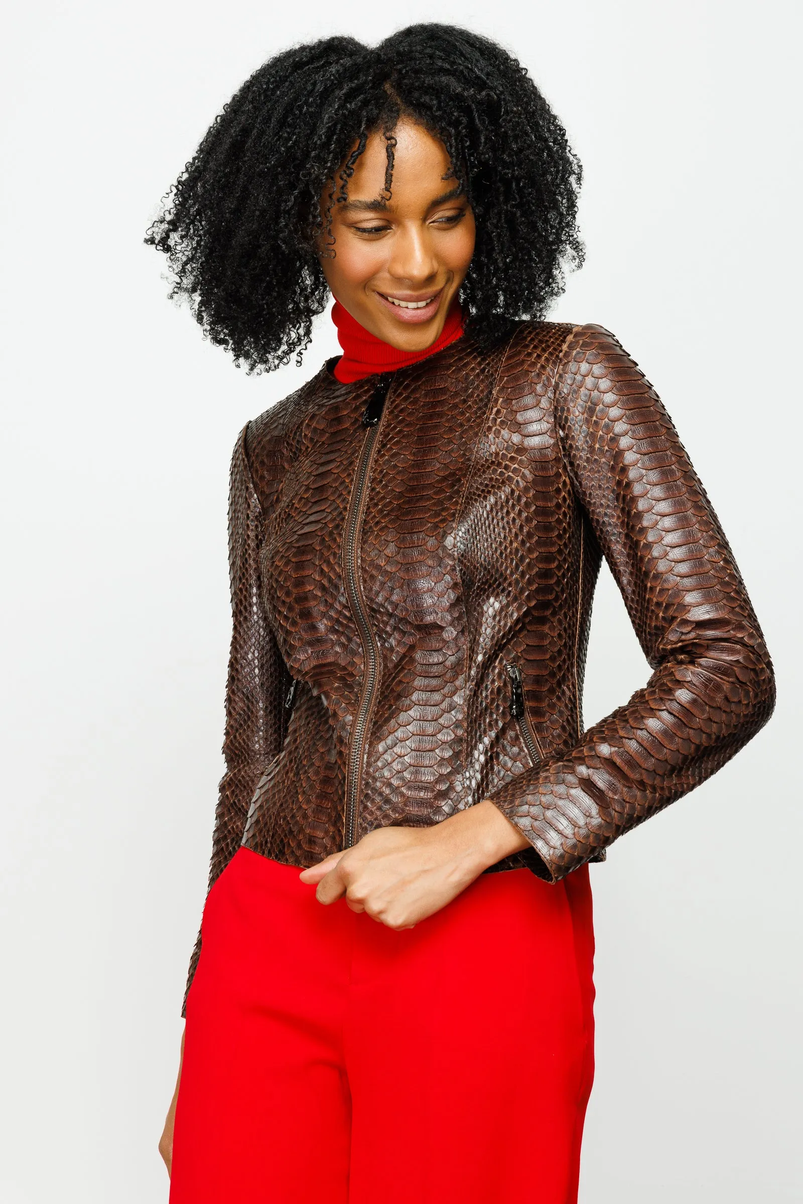 The Mekke Pythn Skin Brown Leather Women Jacket