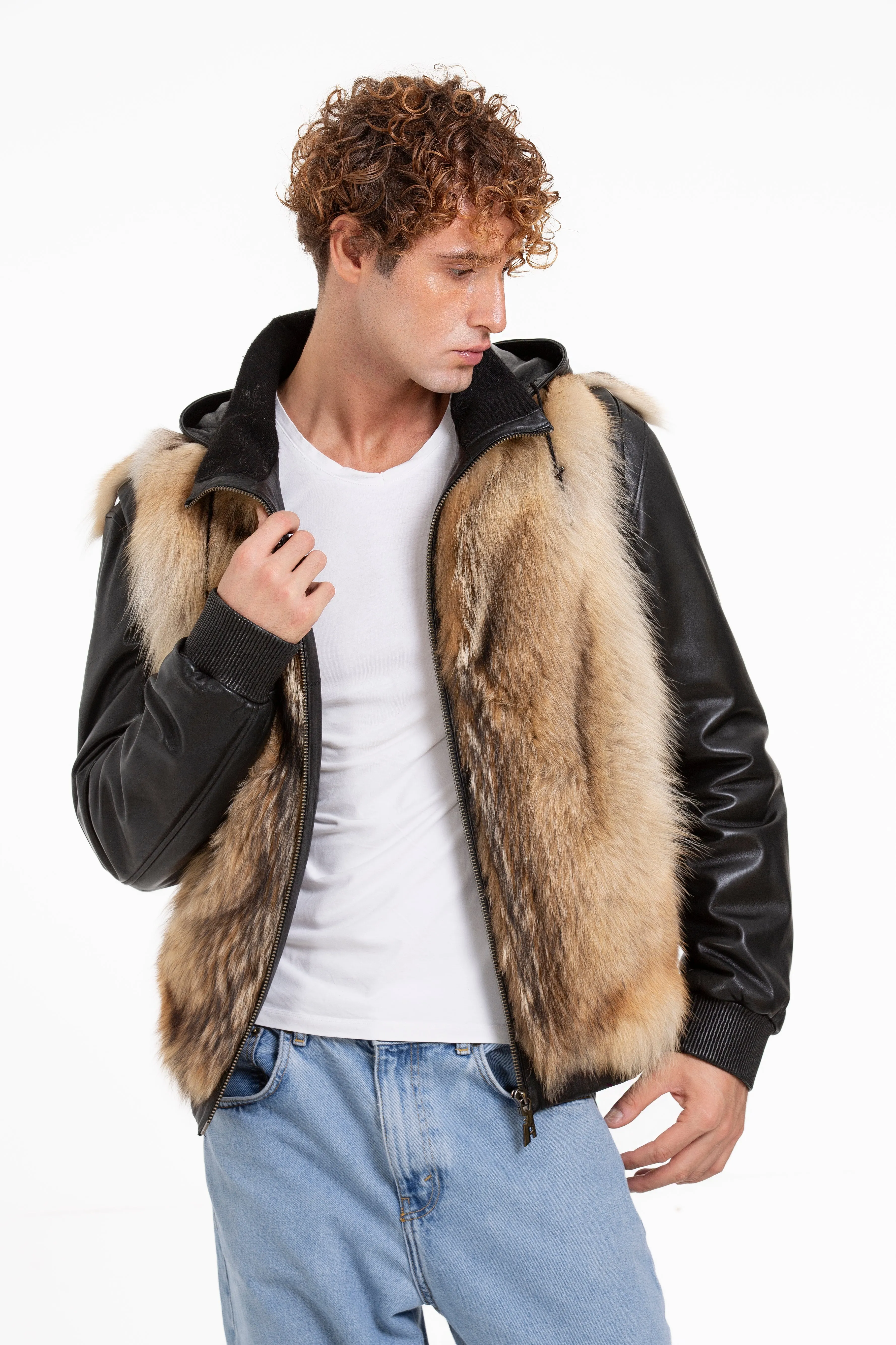 The Melbourne Pure Wolf Fur Leather Black Men Jacket