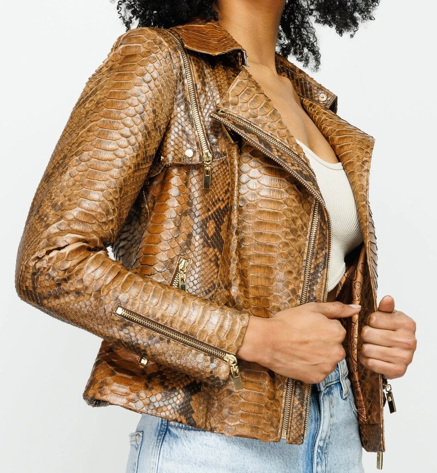 The Queen Pythn Skin Tan Leather Women Jacket