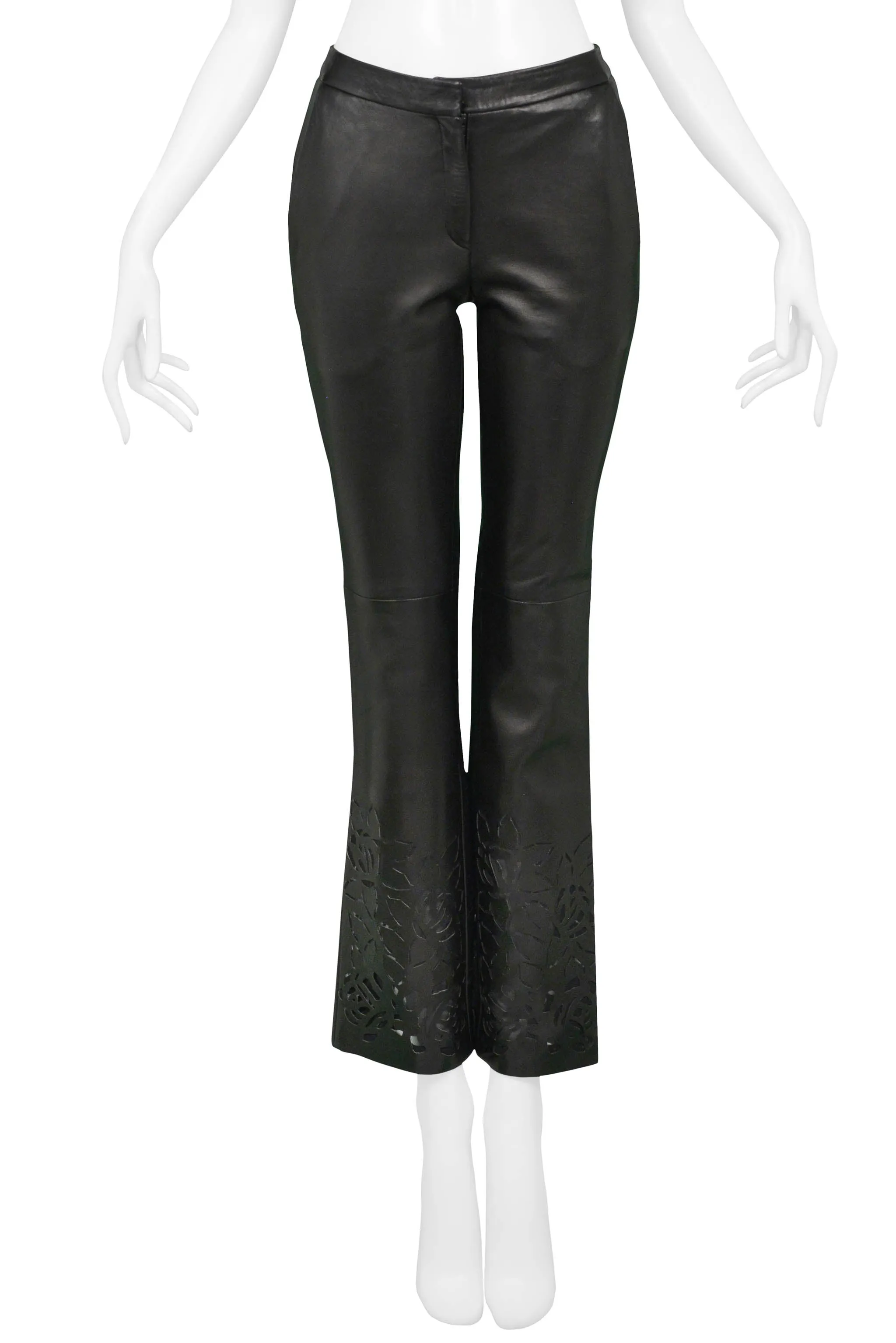 VERSACE BLACK LEATHER PANTS WITH FLORAL LASER CUTOUTS