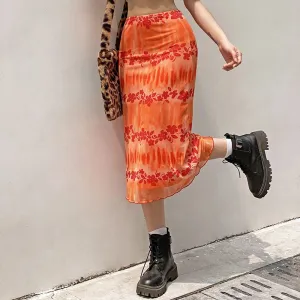 Wenkouban   New Floral Printed Skirts Y2k Orange Fairy Grunge Long Skirts Women Vintage Cute Skirts 2022 Summer Skirts Fashion Holiday Skirt